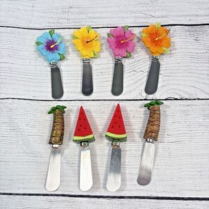 Cheese Dip Spreaders Lot of 8 Flowers Palm Trees Watermelon Butter Summer Tropic